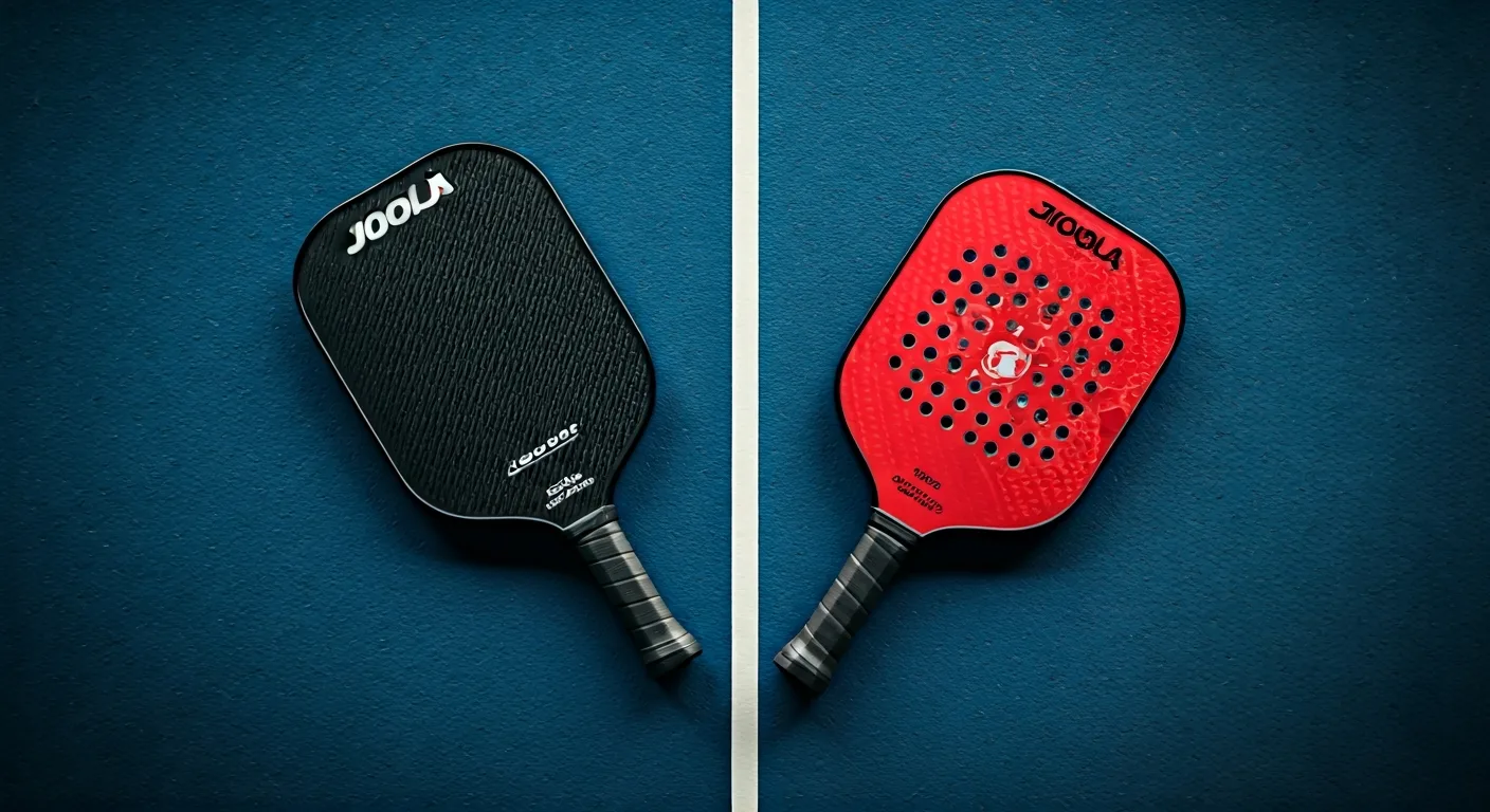 Side by side comparison of a Joola and Selkirk pickleball paddle on a court